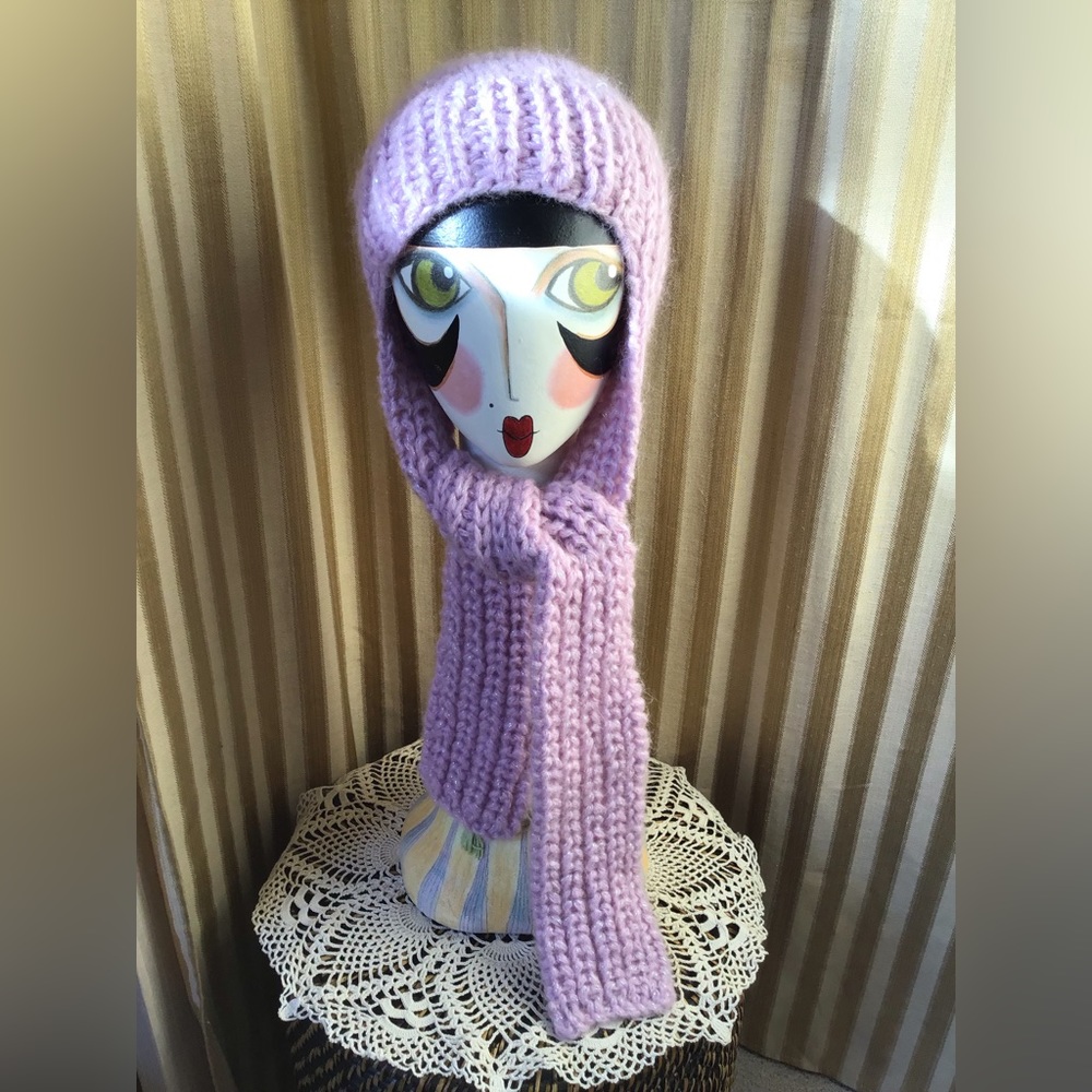 Hand knit wool hooded scarf